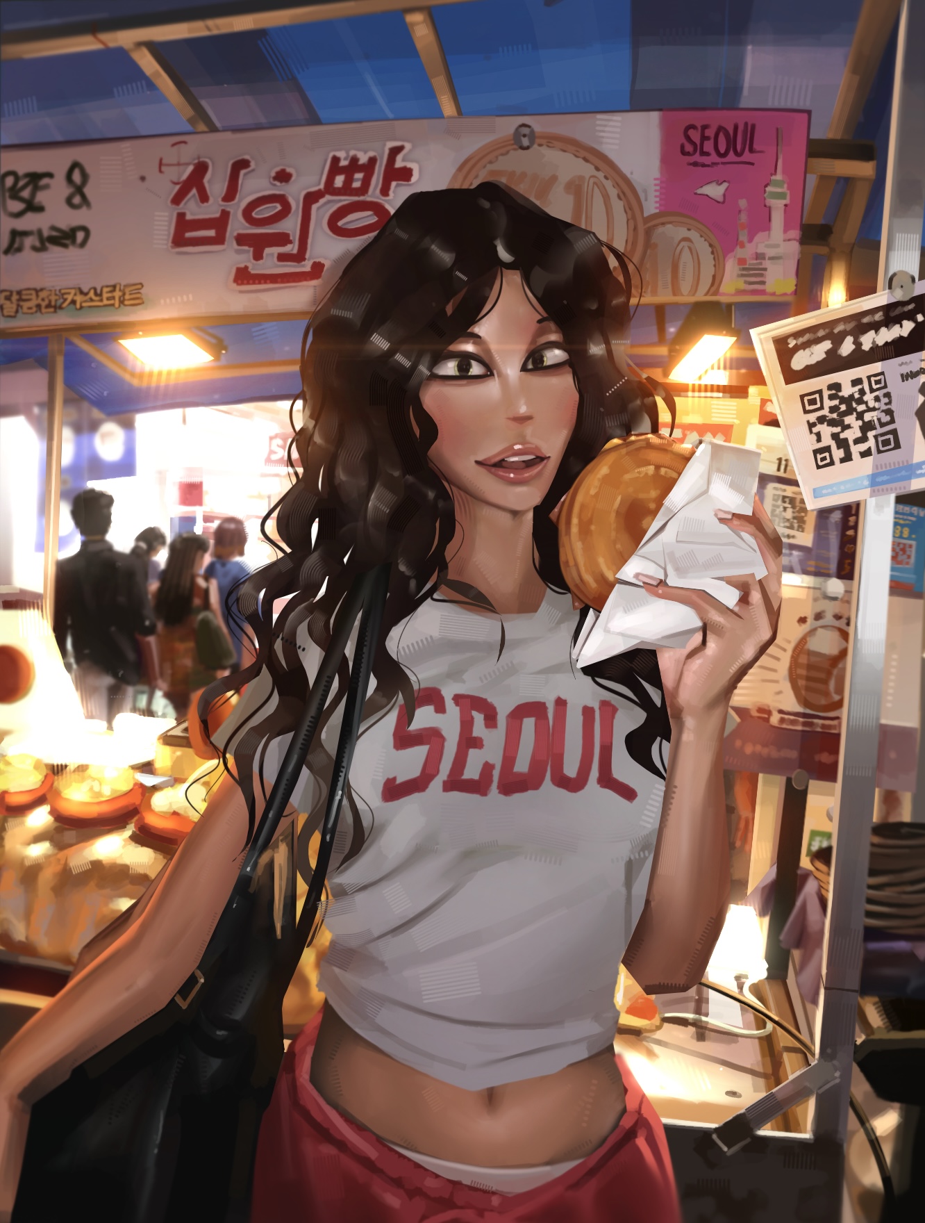 Neon-soaked Seoul street scene painted by Adriaen Ferranti